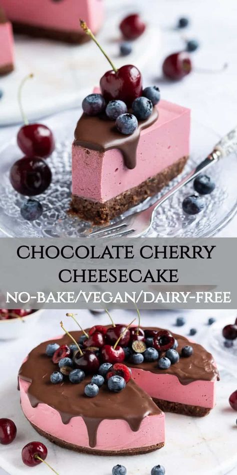 Cheesecake Recipes Cherry, Gluten And Dairy Free Dessert Recipes, Vegan Cherry Cheesecake, Vegan Cherry Recipes, Vegan Cherry Desserts, Vegan Cherry Cake, Vegan Cheescake, Cherry Recipes Healthy, Chocolate Cherry Cheesecake