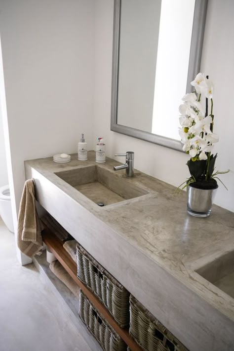 Cemcrete’s SatinCrete or CreteCote can be used to coat a bathroom vanity Modern Bathroom Trends, Cement Bathroom, Bathroom Construction, Concrete Countertops Bathroom, Concrete Bathroom, Concrete Countertops Kitchen, Countertop Design, Concrete Kitchen, Bathroom Countertops