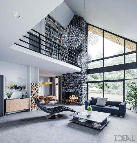 Single House XI , Poland on Behance Double Fireplace, Single House, Modern Barn House, Barn Style House, A Frame House, High Ceilings, Prefab Homes, Small House Design, Barn House