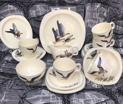 Vintage 1950s Midwinter Pottery Wild Geese Tea Service Pieces designed by Peter Scott Midwinter Pottery, Pop Up Cafe, Wild Geese, Beautiful China, Ceramic Dinnerware, Vintage Dishes, Tea Service, In Flight, Side Plates