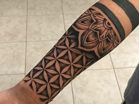 Pattern Of Life Tattoo, Flower Of Life Pattern Tattoo, Flower Of Life Tattoo Mandala, Fill In Tattoo Ideas Sleeve Backgrounds, Tattoo Filler Ideas Sleeve Backgrounds, Fill In Tattoo Ideas Sleeve, Fill In Tattoo Ideas, A Sleeve Tattoo, Geometric Flower Tattoo