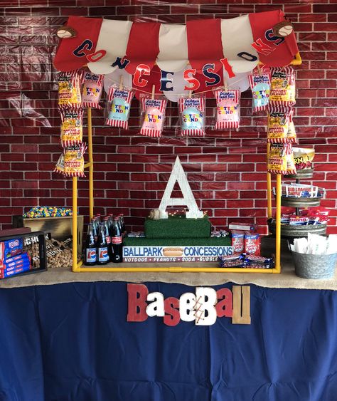 Concession stand. Baseball #diy #concessionstand #baseball #baseballtheme I did this for my nephews 1st bday. Let me know if u have questions about the details ! Sports Themed Birthday Party Ideas Food Concession Stands, Concession Stand Party Ideas Food Tables, Baseball Party Concession Stand Ideas, Concession Stand Sign Ideas, Baseball Booth Ideas, Baseball Party Concession Stand, Baseball Concession Stand Party Ideas, Diy Baseball Party Decorations, Baseball Concession Stand Ideas