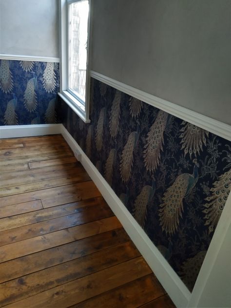 Wallpaper Under Dado Rail, Wallpaper Above Dado Rail, Wallpaper Dado Rail, Dado Rail Wallpaper, Stripped Floorboards, Dado Rail Living Room, Lime Render, Hall Wallpaper, Stripped Wallpaper