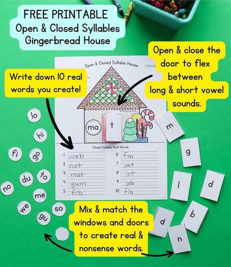 Open And Closed Syllables Worksheets, Open And Closed Syllables Activities, Vowels Kindergarten, Open And Closed Syllables, Syllable Games, Teaching Syllables, Open Syllables, Sensory Science, Syllables Activities