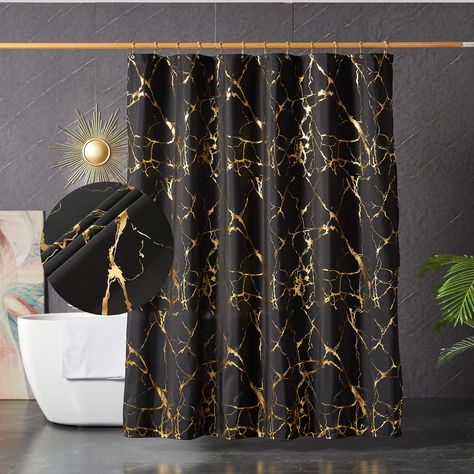 PRICES MAY VARY. Water-poof Fabric:The black and gold shower curtain fabric is made of waterproof polyester that is smooth, breathable, quick-drying, wrinkle-free, and anti-bubble to withstand a wet bathroom Unique design: Classic marble style and gold foil printed with bright shiny gold stripes on a solid black background, bring an elegant and a luxurious look to your bathroom,This black and gold shower curtain set is a perfect gift idea for friends Function: This modern shower curtain can prov Glitter Shower Curtain, Glitter Shower, Marble Shower Curtain, Gold Shower Curtain, Curtains For Bathroom, Gold Bathroom Decor, Scandinavian Design Living Room, Black And Gold Bathroom, Solid Black Background