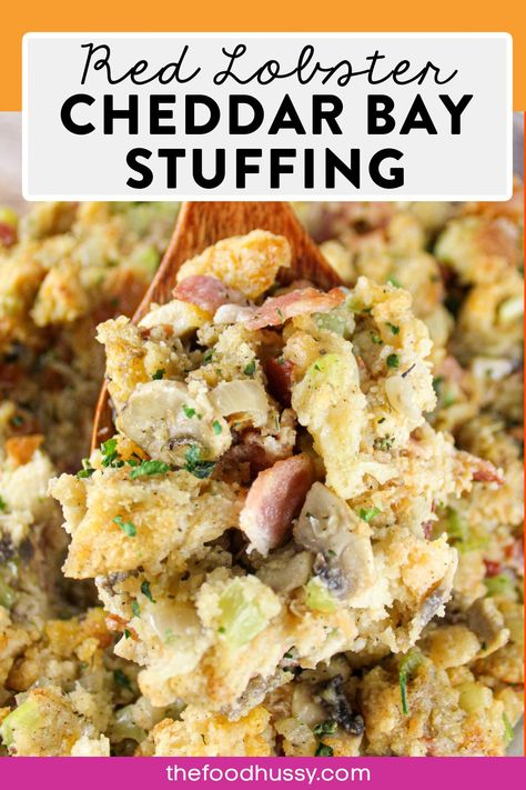 This copycat recipe for Red Lobster Cheddar Bay Stuffing has all the flavors you love about stuffing with the addition of those cheesy garlicky buttery Cheddar Bay Biscuits! Stuffing everyone will ask for again and again! Red Lobster Cheddar Bay Stuffing, Cheddar Bay Stuffing Recipe, Red Lobster Cheddar Bay Biscuit Stuffing, Cheddar Bay Biscuit Stuffing, Cheddar Bay Stuffing, Lobster Restaurant, Red Lobster Cheddar Bay Biscuits, Red Lobster Biscuits, Cheddar Bay Biscuits