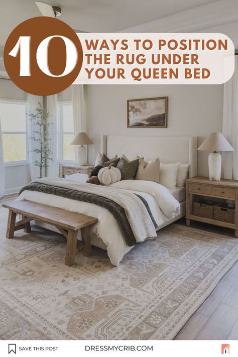 Modern Transitional Boho Bedroom with beautiful Beige Grey Vintage Area Rug is a perfect way to elevate your room. Rug placement and size can visually affect the way room looks and tie the decor together. In our blog, we share Bedroom Rug Size Guide for Queen Bed tips to narrow down your rug size and placement for your bedroom rug. The guide includes tips for bedroom rug sizes queen beds and bedroom rug size full bed to make it look cohesive. Find more about bedroom arrangements in our Blog. Rug In Master Bed, Platform Bed Styling, Bedroom With Area Rug, Bedroom Area Rugs Under Bed, Queen Bed Rug Size, Rug Size For Queen Bed, Bed Rug Size, Neutral Bedrooms With Pop Of Color, Queen Bed Rug