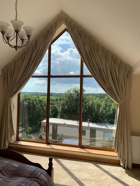 We were asked recently to dress this large apex window — Lesley James – Curtains, blinds and soft furnishings – Gower | Mumbles | Swansea Apex Windows, Loft Curtains, Cottages Interiors, Apex Window, Gable Window, Barn Bedrooms, House Bedroom Ideas, Second Floor Landing, House Blinds