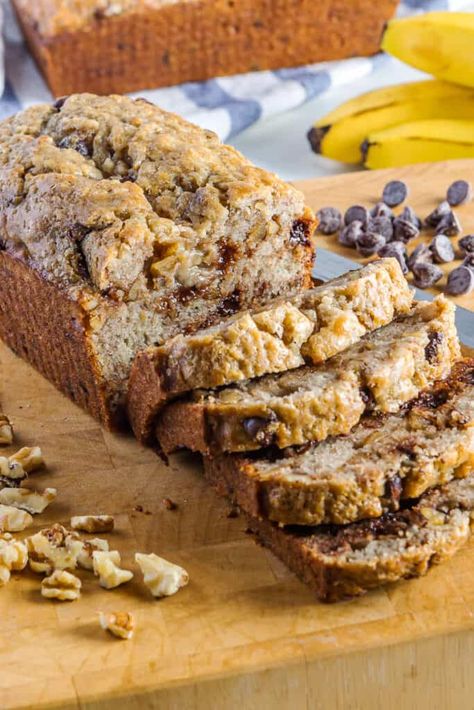 Chocolate Chip Walnut Banana Bread - with Sour Cream - Hey Donna Banana Nut Chocolate Chip Bread Recipe, Banana Nut Bread Recipe Moist, Chocolate Chip Banana Nut Bread, Chocolate Chip Walnut Banana Bread, Cream Bread Recipe, Walnut Banana Bread, Chocolate Chip Bread Recipe, Delicious Banana Bread Recipe, Banana Nut Bread Recipe