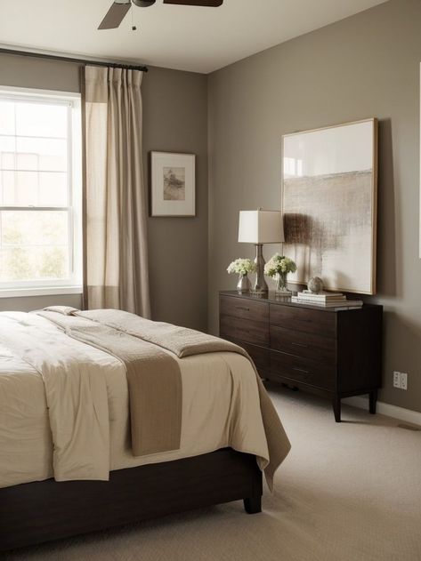 Curtains For Dark Brown Furniture, Earthy Bedroom Dark Wood, Calm Neutral Bedroom Ideas, Bedroom With Espresso Furniture, Neutral Bedroom Ideas With Dark Furniture, Earth Tones Master Bed, Beige And Dark Wood Bedroom, Dark Wood Modern Bedroom, Bedrooms With Dark Brown Furniture