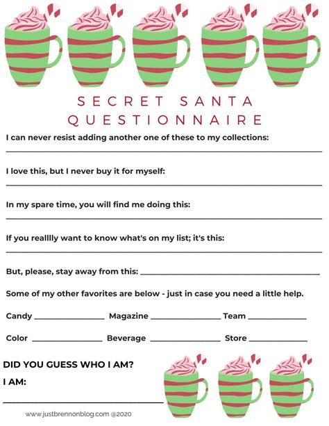 Free Downloads: Secret Santa Questionnaires Since 2017... - Just Brennon Blog Christmas Gift Questionnaire, Secret Santa Questions, Secret Santa Templates, Secret Santa List, Secret Santa Game, Secret Santa Form, Christmas List Template, Work Secret Santa, Secret Santa Questionnaire