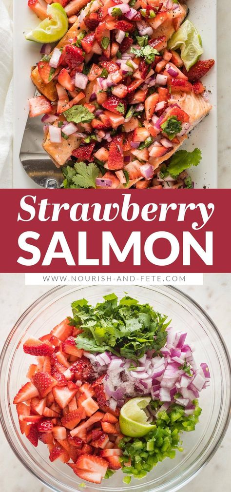 This easy roast Salmon with Strawberry Salsa feels elegant but takes just 20 minutes and minimal effort. Perfect for summer weeknights and entertaining! Strawberry Salmon, Salmon With Salsa Recipes, Cilantro Salmon, Peach Salsa Salmon, Strawberry Salsa Salmon, Honey Cilantro Lime Salmon, Simple Spinach Salad, Lime Salmon, Pesto Salmon