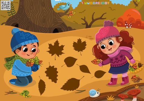 Activity sheet «Autumn leaves» - Download or print for free Worksheet For Kindergarten, Shadow Matching, Teaching Game, Autumn Activities For Kids, Emoji Images, Autumn Park, Fallen Leaves, Color Sorting, Logical Thinking