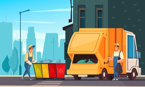 Two workers in uniform loading waste fro... | Free Vector #Freepik #freevector #garbage-collector #dumpster #garbage-truck #waste City Of Troy, Junk Hauling, Rubbish Removal, Junk Removal Service, Trash Containers, Junk Removal, Electronic Recycling, Waste Management, Greater London