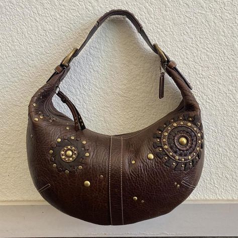 AUTHENTIC COACH BROWN AND GOLD STUD SLING LEATHER... - Depop Brown Coach Purse, Nine Inch, Studded Purse, Coach Tote Bags, Chocolate Leather, Hobo Shoulder Bag, Black Leather Crossbody Bag, Brown Handbag, Coach Shoulder Bag