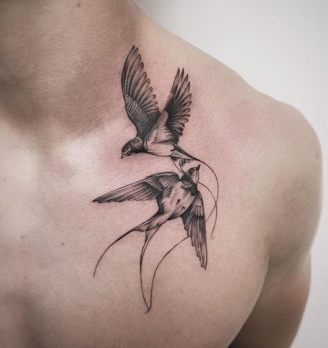 Tats • Instagram Bird Chest Piece Tattoo, Birds On Chest Tattoo, Birds On Back Tattoo, Fine Line Crow Tattoo, Realistic Swallow Tattoo Design, Sparrow Back Tattoo, Mens Swallow Tattoo, Swallow Neck Tattoo, Sparrow Tattoo Men