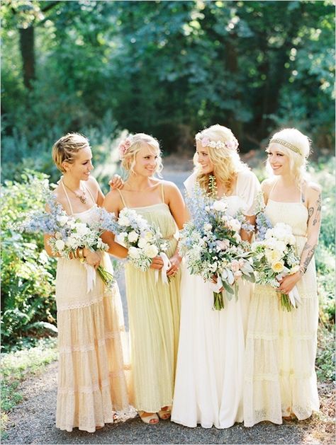 Tips for Having a Drama Free Wedding and Reception Bohemian Bridesmaid Dress, Bohemian Bridesmaid, Stile Boho Chic, Wedding Dresses Hippie, Bridesmaid Dresses Boho, Bridesmaid Attire, Group Of Women, Yellow Bridesmaid Dresses, Mismatched Bridesmaids