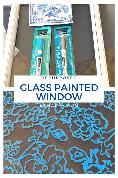 Learn how to update an old window using glass paint. Create a floral chinoiserie inspired design using napkins as a template in this fun craft tutorial. #kenarry #ideasforthehome Glass Paint Ideas, Floral Chinoiserie, Painting On Glass Windows, Glass Paint Markers, Easiest Burlap, Chalky Finish Paint, Burlap Decor, Class Games, Glass Paint