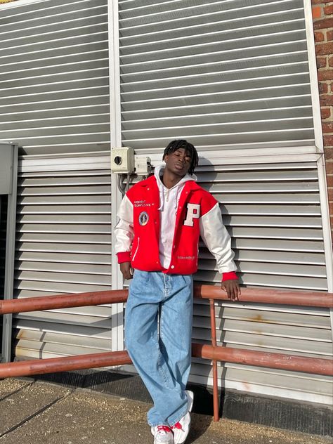 Vintage basbelljack varsity jacket dreads y2k fashion Red And Blue Outfit Men, Red Varsity Jacket Outfit Men, Red Varsity Jacket Outfit, Red Jacket Outfit Men, Red Outfits Men, Red Streetwear Outfit, Red Outfit Men, Racing Jacket Outfit, Red Jacket Outfit