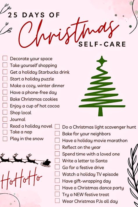 Feeling overwhelmed by holiday stress and endless to-do lists? These 25 Days of Christmas Self-Care ideas bring Holiday Self Care to your routine with easy Self Care Activities and Mom Motivation. Save this pin to enjoy a stress-free season filled with joy, calm, and Christmas Trees! Christmas Routine List, Christmas Day Routine, Christmas Routine, Christmas Self Care, Holiday Self Care, Holiday Novels, Easy Self Care, Christmas Light Scavenger Hunt, Cozy Christmas Outfit