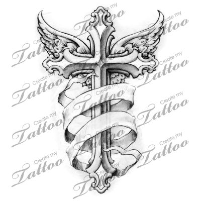 Cross With Wings Tattoo, Banner Tattoo, Christus Tattoo, Cruz Tattoo, Rip Tattoo, Cross With Wings, Heaven Tattoos, Remembrance Tattoos, Cross Tattoo For Men