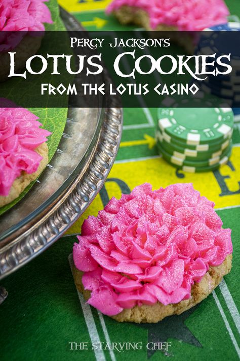 Percy Jackson Lotus Flower Recipe, Lotus Flower Cookies Percy Jackson, Lotus Cookies Dessert, Lotus Dragon Cookie X Hydrangea Cookie, Movie Inspired Food, Percy Jackson Food Ideas, Lotus Flower Cookies, Lotus Flower Dessert, Lotus Casino