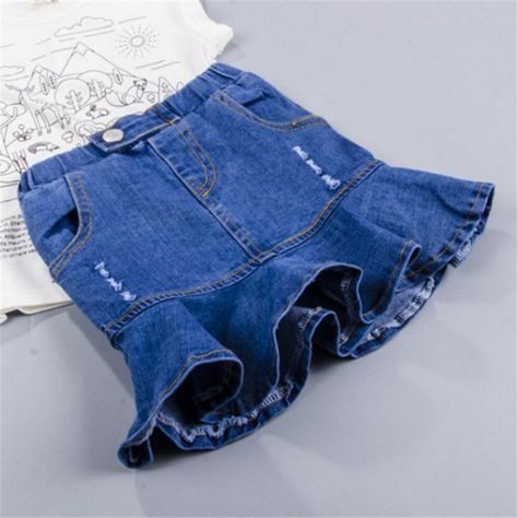 Denim Ruffles, Summer Denim Skirt, Denim Short Skirt, Girls Denim Skirts, Hip Skirt, Jeans Kids, Girls Denim, Denim Short, Printed Denim