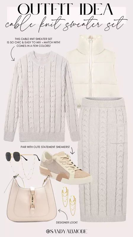 Amazon fashion | winter white outfit | cable knit sweater skirt set | how to style a sweater skirt | Amazon puffer vest | chic Amazon handbag Amazon Fashion Winter, Sweater Set Outfits, Knit Sweater Skirt, Winter White Outfit, Sweater Skirt Set, Set Outfits, Ivory Sweater, Fashion Business Casual, Fall Capsule Wardrobe