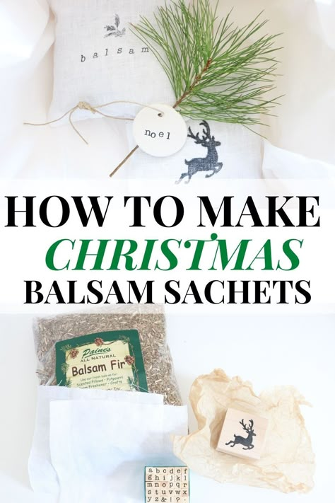 DIY Balsam Sachet - make this simple sachet with loose balsam for a Christmas tree scent! Embellish with stamps and give as a Christmas gift. #balsamsachet #christmassachet Pine Needle Sachets Diy, Christmas Scented Sachets Diy, Diy Scent Sachets, Christmas Scented Sachets, Scented Sachets Diy How To Make, Sachets Diy How To Make, Diy Sachet Bags, Diy Sachets, Apothecary Store