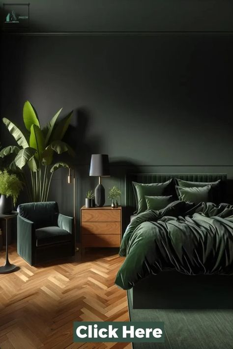 Best 36 Dark Green Bedroom Ideas Green Velvet Bedroom Ideas, Bachelor Bedroom Ideas, Dark Green Bedroom Ideas, Green Bedroom Modern, Forest Themed Bedroom, Dark Green Bedroom, Bachelor Bedroom, Indoor Painting, Apartment Bedrooms