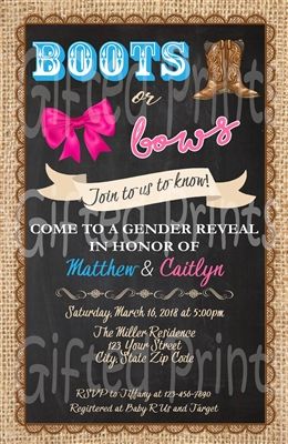 Gender Reveal Invitation • Boots or Bows Theme • No cost economy shipping • Fast turnaround time • Great customer service • These invitations are custom, high resolution digital files that are personalized for each customer upon order Western Gender Reveal, Country Gender Reveal, Boots Or Bows Gender Reveal, Gender Ideas, Bows Gender Reveal, Creative Gender Reveals, Bow Invitation, Bow Gender Reveal, Gender Reveal Themes