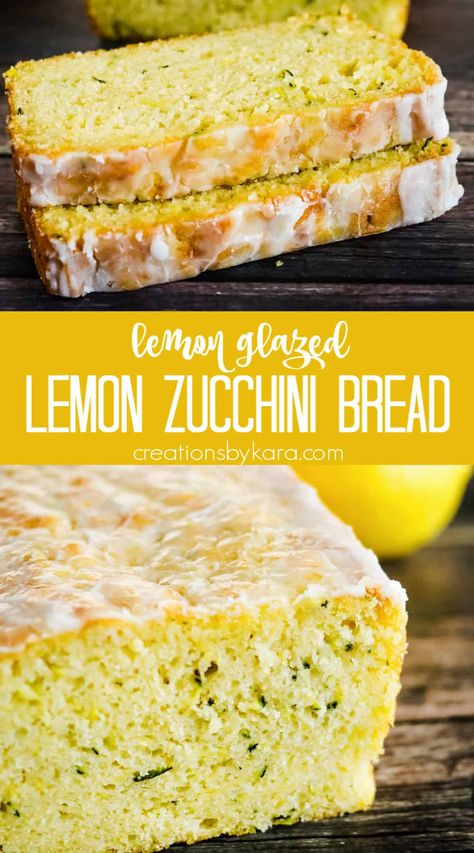 Glazed Lemon Zucchini Bread - This sweet & tangy zucchini bread is one of the tastiest quick breads you will ever try! The simple glaze takes it over the top. You can enjoy it any time of day! #lemonzucchinibread #lemonglaze #zucchinibread #lemonbread #quickbread #zucchinirecipe -from Creations by Kara Best Zucchini Recipes Bread, Extra Moist Zucchini Bread, Lemon Raspberry Zucchini Bread, Zucchini Yeast Bread, Chocolate Chip Zucchini Bread Recipes Moist Easy, Easy Zucchini Bread Recipes Quick, Zucchini Bread Recipe Easy, Lemon Zucchini Heaven Bread, Cooking With Zucchini