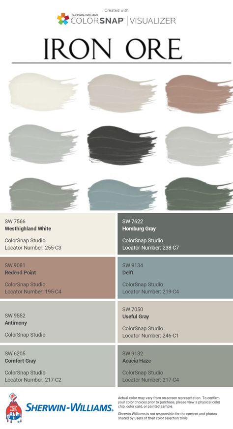 Iron Ore color palette - useful for my kitchen and whole house. Iron Ore Color Palette, Iron Ore Cabinets, Home Color Schemes Interior, Temple House, Iron Ore, Home Temple, Colorado Homes, My Kitchen, House Colors