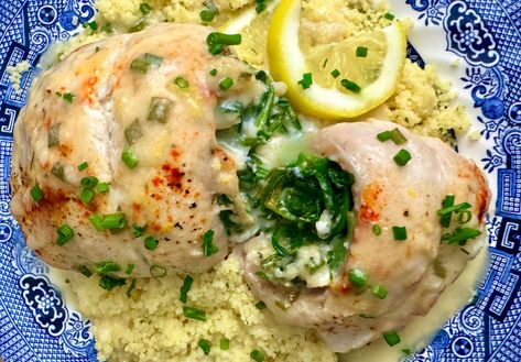 STUFFED FLOUNDER FLORENTINE IN LIGHT LEMON CHIVE CREAM SAUCE Flounder Florentine Recipe, Flounder Florentine, Stuffed Flounder, Flounder Recipes, Breakfast Casserole Bacon, Brunch Casserole, Bacon Breakfast, Spinach Recipes, The Sauce