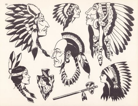 Sailor Mosko Production - 48 Native American Tattoo Flash, Traditional Indian Tattoo, Milton Zeis, Indian Chief Tattoo, Traditional Tattoo Black And White, Vintage Tattoo Design, Native American Tattoo, Native American Tattoos, Native Tattoos