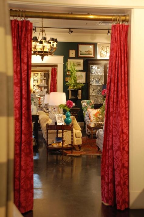 Love this idea...hang a portiere (drape)  in an interior door!   From Nell Hill, of course! Portieres Ideas, Curtains Doorway Entrance, Hiding A Door With Curtains, Portiere Curtains, Room Divider Curtains & Drapes, Doorway Design, Repurposed Dining Room, Door Drapes, Hallway Door