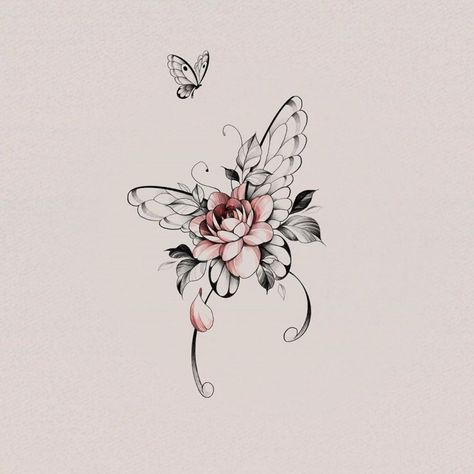 Rosen Tattoo Frau, Rose And Butterfly Tattoo, Colorful Butterfly Tattoo, Butterfly With Flowers Tattoo, Butterfly Tattoo Ideas, Butterfly Wrist Tattoo, Bauch Tattoos, Butterfly Tattoos For Women, Butterfly Tattoos