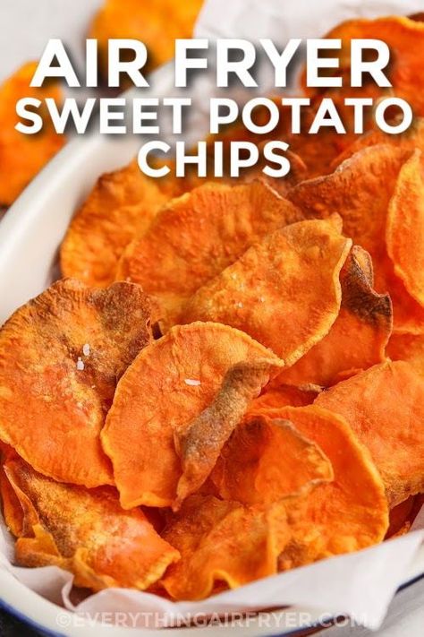 Air fryer sweet potato chips are quick and easy to make. Just power up that Ninja air fryer and cook up a batch of these sweet and crispy homemade chips. Made with less oil than deep frying, the air fryer makes it healthy to cook all kinds of tasty snacks. And the best part is that it won't take long to make these, they are ready in minutes. #airfryersweetpotatochips #sweetpotatochipsintheairfryer #homemadesweetpotatochips #everythingairfryer Air Fryer Sweet Potato Chips, Healthy Chip Alternative, Sweet Potato Chips Recipe, Healty Dinner, Sweet Potato Slices, Homemade Chips, Sweet Potato Chips, Air Fryer Recipes Chicken, Weight Watchers Desserts