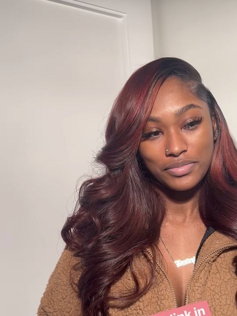 Side Part Sew In Burgundy Weave, Burgundy Microlinks, Burgundy Highlights On Black Hair Black Women, Burgundy Natural Hair Black Women Dark Skin, Middle Part Burgundy Sew In, Burgundy Hair Sew In, Burgundy Brown Hair Color On Black Women, Burgundy Hair Black Roots, Maroon Wigs For Black Women