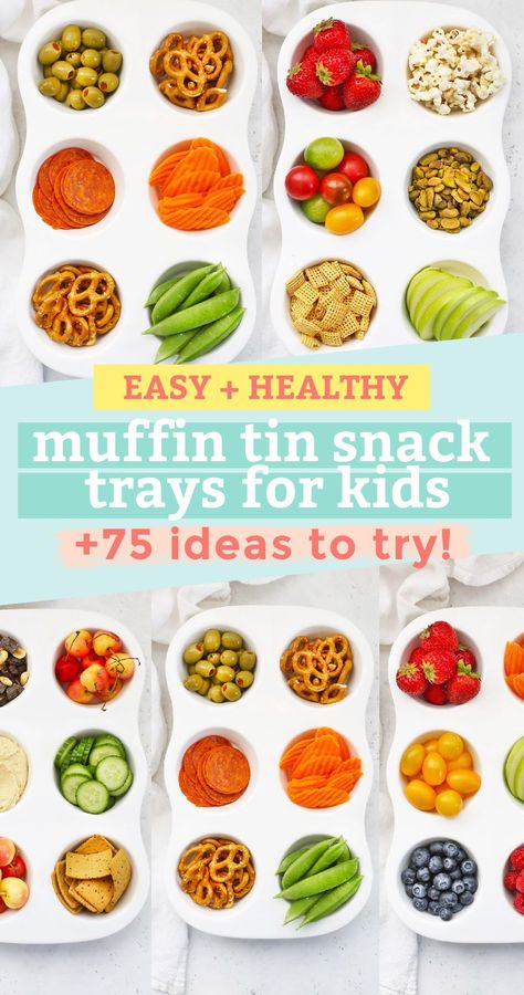 Muffin Tin Snack Trays For Kids - Easy, fun kids' snack trays made in muffin pans to keep things simple + Lots of muffin tin snack tray ideas to try! (Gluten-free, vegan + paleo options!) // Healthy Snacks for Kids // Kids Snack Tray // Muffin Snack Tray // After school snack ideas #snack #healthysnack #muffintinsnacktray #snacktray #kidssnacks Snack Tray Ideas, Easy Healthy Muffins, School Snack Ideas, Snack Trays, Healthy Toddler Snacks, Veggie Snacks, Kid Friendly Snack, Muffin Tin Recipes, Muffin Pans