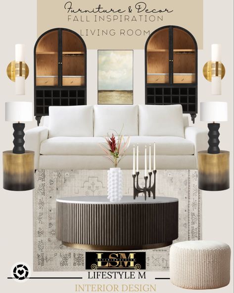 Design board with furniture and decor. White Sofa Living, Farmhouse Style Homes, Round Gold Coffee Table, White Sofa Living Room, Stem Plant, Scenic Wall Art, Beach Theme Living Room, Round End Tables, Gold Sofa