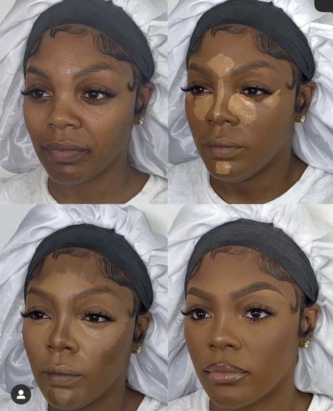 Professional Headshot Makeup Black Women, Concealer Placement Black Women, Heavy Contour Makeup, Concealer Only Makeup Look Black, Conturing Makeup Round Face, Makeup Tutorial Full Face, Concealer Placement, Blend Contour, Woc Makeup