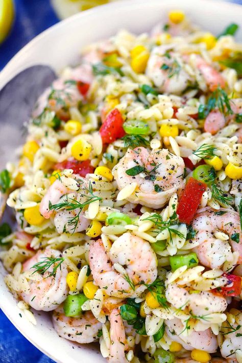 Shrimp And Orzo Salad, Shrimp Orzo Salad, Salad With Orzo, Shrimp And Orzo, Cold Shrimp, Greek Shrimp, Shrimp Orzo, Salad Appetizer Cups, Herb Vinaigrette