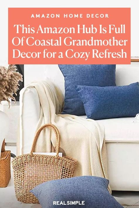 Amazon's Coastal Living hub is full of coastal decorating and home decor ideas that fit the Nancy Meyers-esque Coastal Grandmother aesthetic trending on TikTok. Our shopping writer picked out nine items, including navy pillowcases, wicker baskets, and cream-colored chairs, to help you nail down this new coastal home decor trend. #decorideas #amazondecor #homedecorideas #realsimple #comfycozydecor #homedecortrends #coastalgrandma Coastal Grandmother Decor, Coastal Grandmother Aesthetic House, Florida Home Decorating, Cream Colored Sofa, Colored Chairs, Beige Accent Chair, Coastal Grandmother Aesthetic, Grandmother Aesthetic, Nancy Meyers