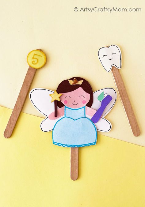 Cute Printable Tooth Fairy Craft for Kids 9 Fairy Tale Crafts For Kids, Fairy Crafts Kids, Tooth Fairy Craft, Stick Fairy, Paper Fairy, Original Fairy Tales, Fairy Tale Crafts, Puppets Diy, Puppet Crafts