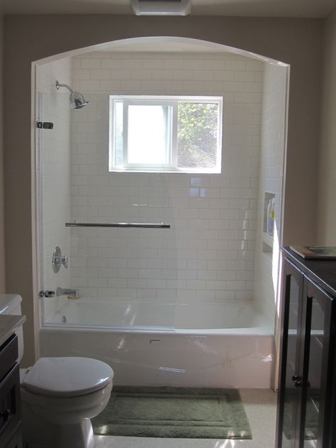 Shallow Tub Shower Combo, Soaker Tub Shower Combo, Color Vanity, Bathtub Shower Combo, Vintage Bathtub, Small Bathtub, Tile Color, Bathroom Tub, Bathroom Reno