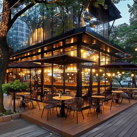 Restaurant Deck Ideas, Resto Bar Design Ideas, Outdoor Coffee Shop, Cozy Cafe Interior, Rooftop Restaurant Design, Restaurant Exterior Design, Cafeteria Design, Resto Bar, Bistro Design