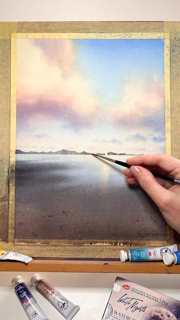 Granulation Watercolor, Watercolor Stream, Water Colour Sea Landscape, Water Reflections Painting Watercolour, Watercolour Reflections In Water, Ocean Mountain Watercolor, Painting Waves, Wc Ideas, Aquarelle Painting