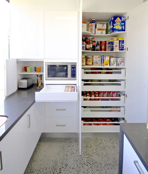 pull out pantry - Google Search Tall Pull Out Drawer, Kitchen Pantry With Drawers, Closed Pantry Cabinets, Micro Butlers Pantry, Micro Pantry Ideas, Kitchen Pantry Drawers, U Shape Pantry, Custom Pantry Cabinet, Top Cabinet Storage