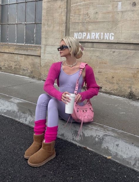 Hot Pink Turtleneck Outfit, Purple Fits Aesthetic, Leg Warmer Fits, Pink Turtleneck Outfit, Ballet Core Outfits, Leg Warmers Cute, Steve Madden Sneakers Outfit, Casual Gym Outfit, 2023 Winter Fashion